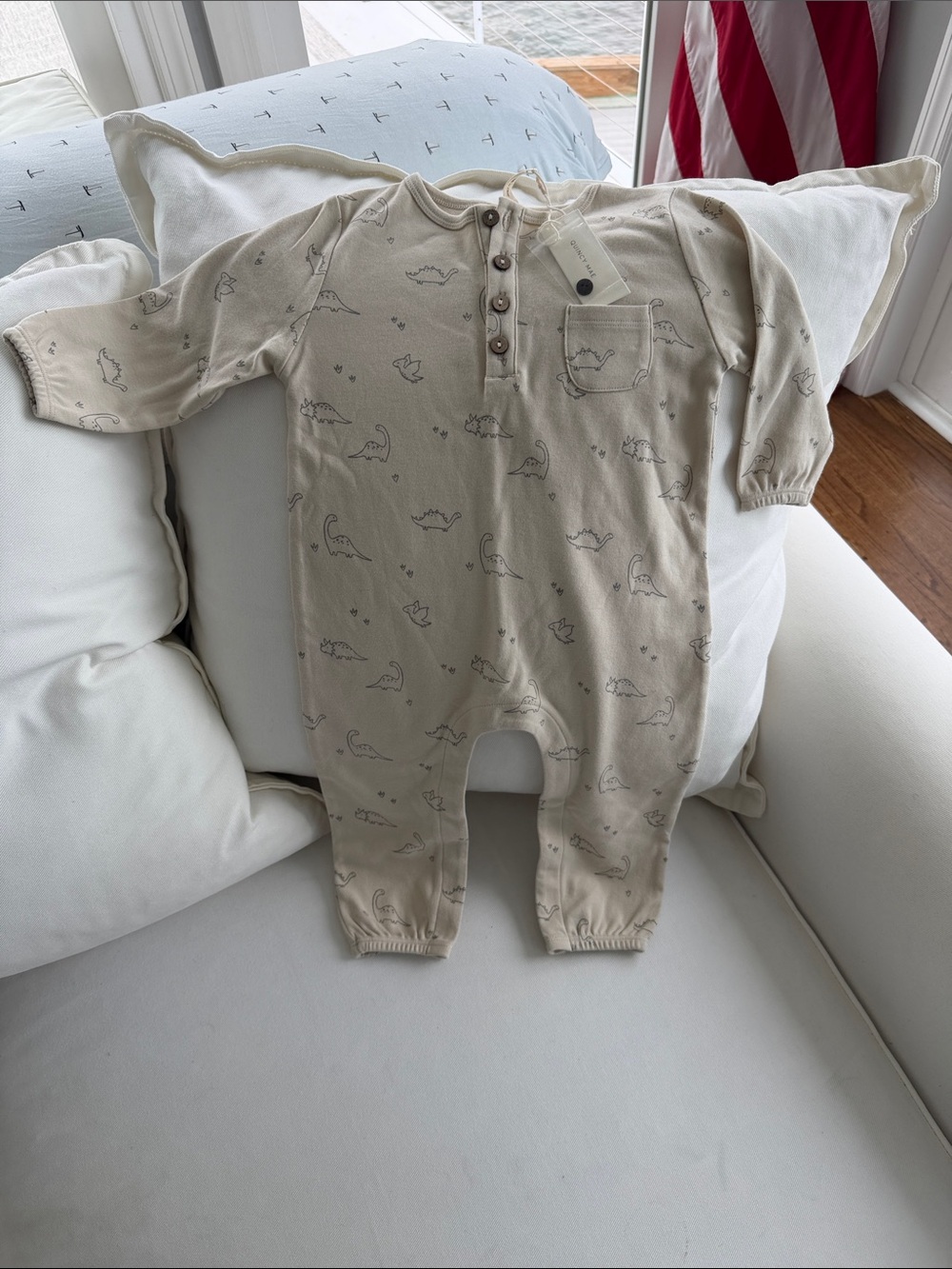 Quincy Mae Beige Dinosaur Print One-Piece